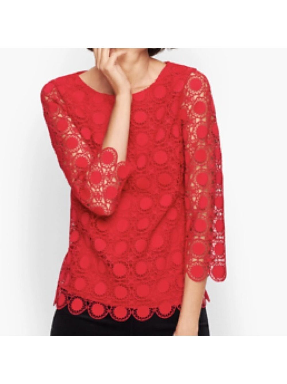 Talbots Medallion Scalloped 3/4 Bell Sleeve Top Opulent Dot Red Sz Small $59 - Picture 2 of 3